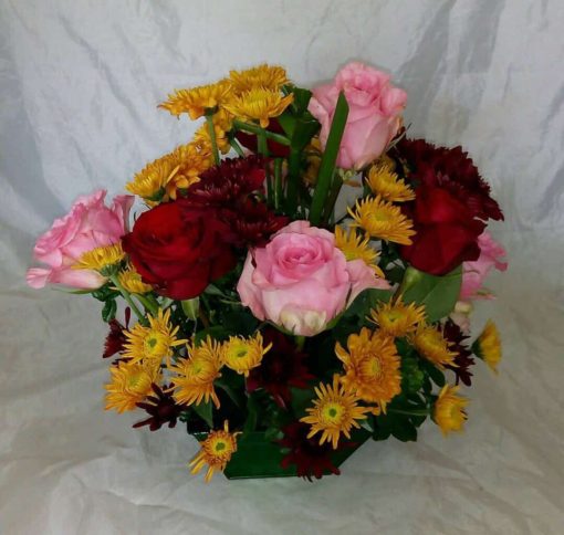 pink red roses with chrysanthemums