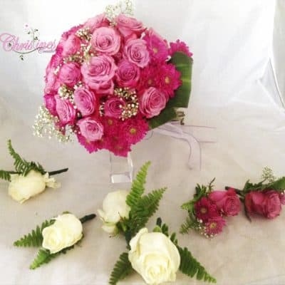 purple roses bouquet and boutonnières